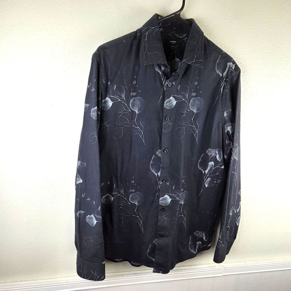 Express Men's M Slim 1MX Floral Button Down Shirt Black Leaf Cotton Stretch